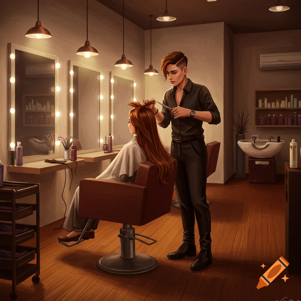 A hairdresser with an undercut hairstyle cuts the long red hair of a woman sitting in a chair in a well-lit hair salon.