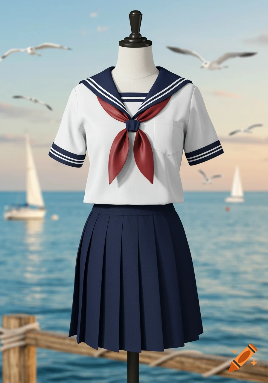 White sailor uniform with dark blue collar and red bow, and pleated skirt, on a mannequin by the sea with sailboats and seagulls.