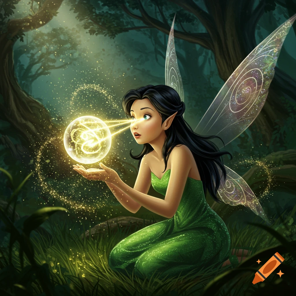 A black-haired fairy in a green dress kneels in a mystical forest, gazing intently at a glowing orb with light beams from her eyes.