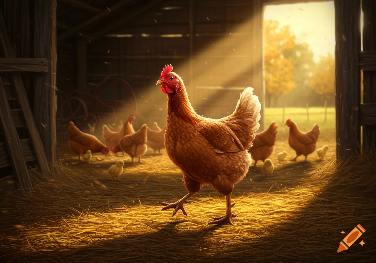 A photorealistic image of a brown chicken walking on hay inside a sunlit barn, with other chickens and small chicks in the background.