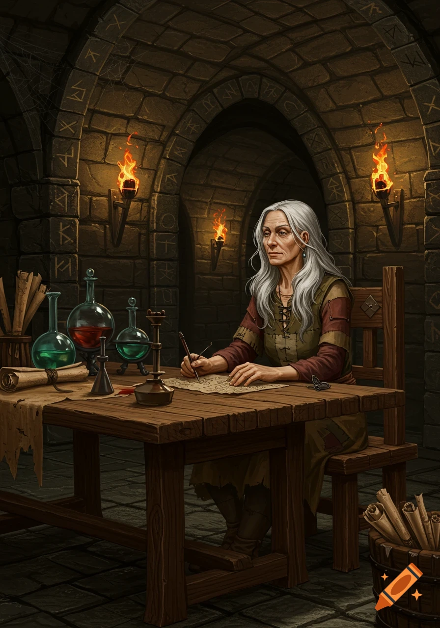 An elderly woman with long grey hair sits at a wooden table, writing on a scroll in a torchlit stone dungeon.