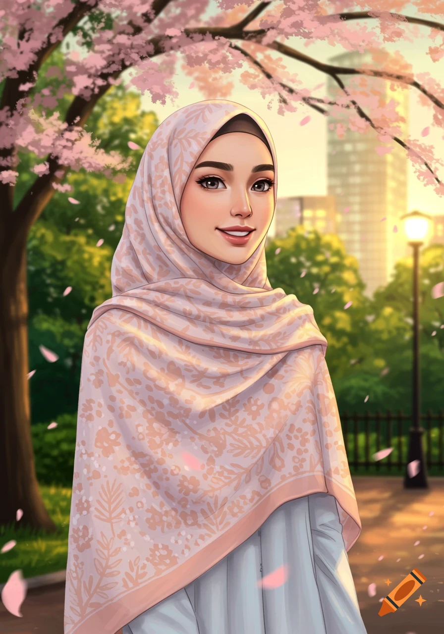 An anime-style portrait of a young woman wearing a pink patterned hijab, smiling in a park with cherry blossoms.