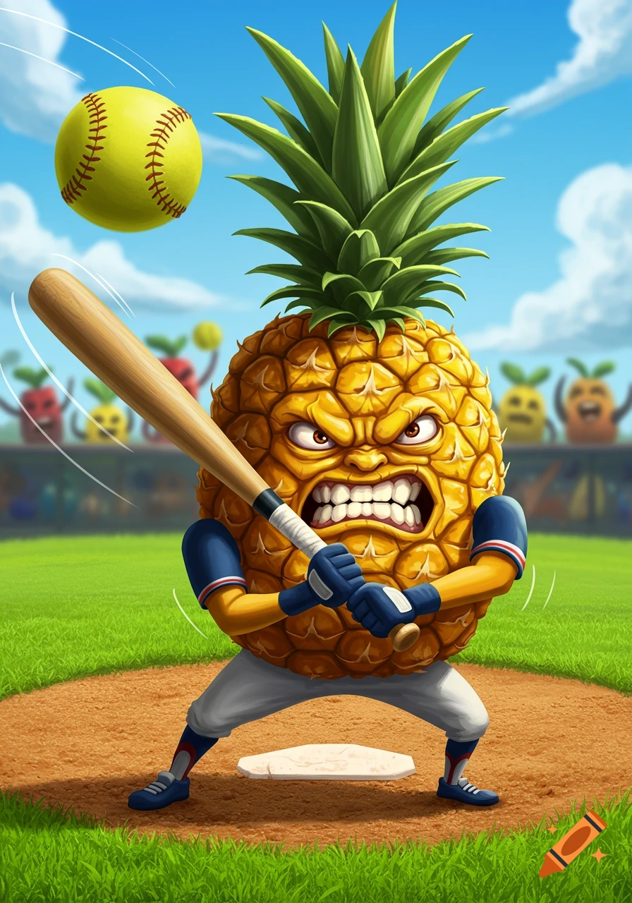 An angry, muscular cartoon pineapple in a baseball uniform swings a bat at a softball, with other fruit characters in the background on a baseball field.