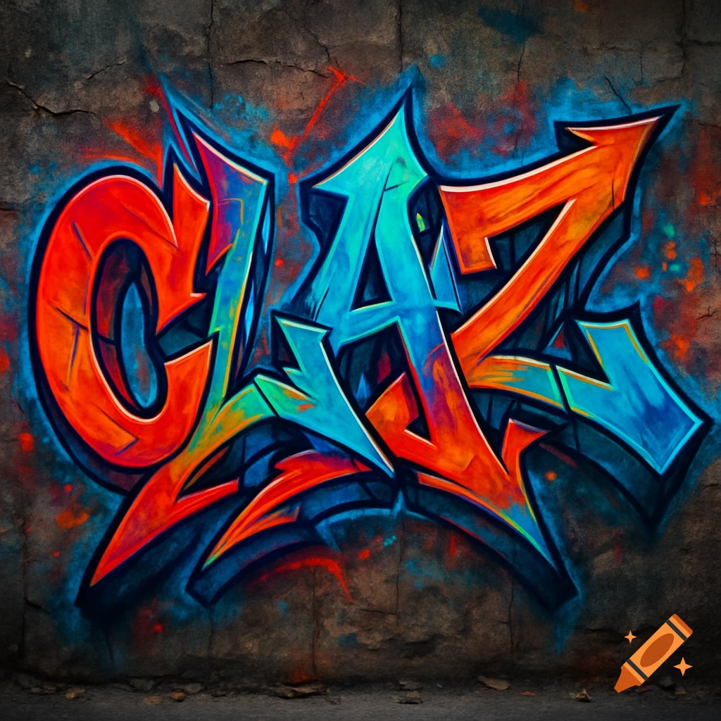 Vibrant red and blue wild-style graffiti spelling "CLAZ" with arrows and sharp angles on a textured concrete wall.