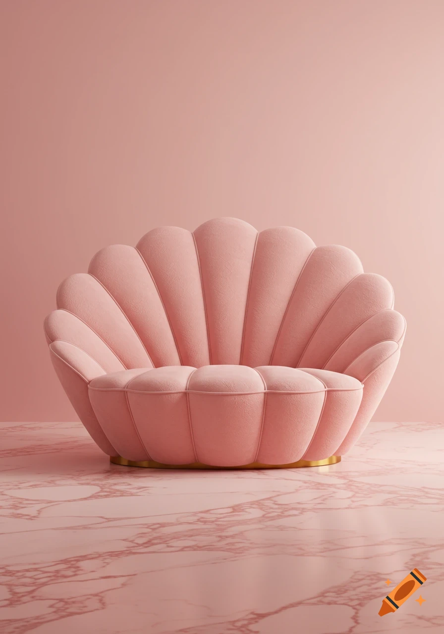 A pink velvet shell-shaped sofa with a gold base in a monochromatic pink room with marble flooring.