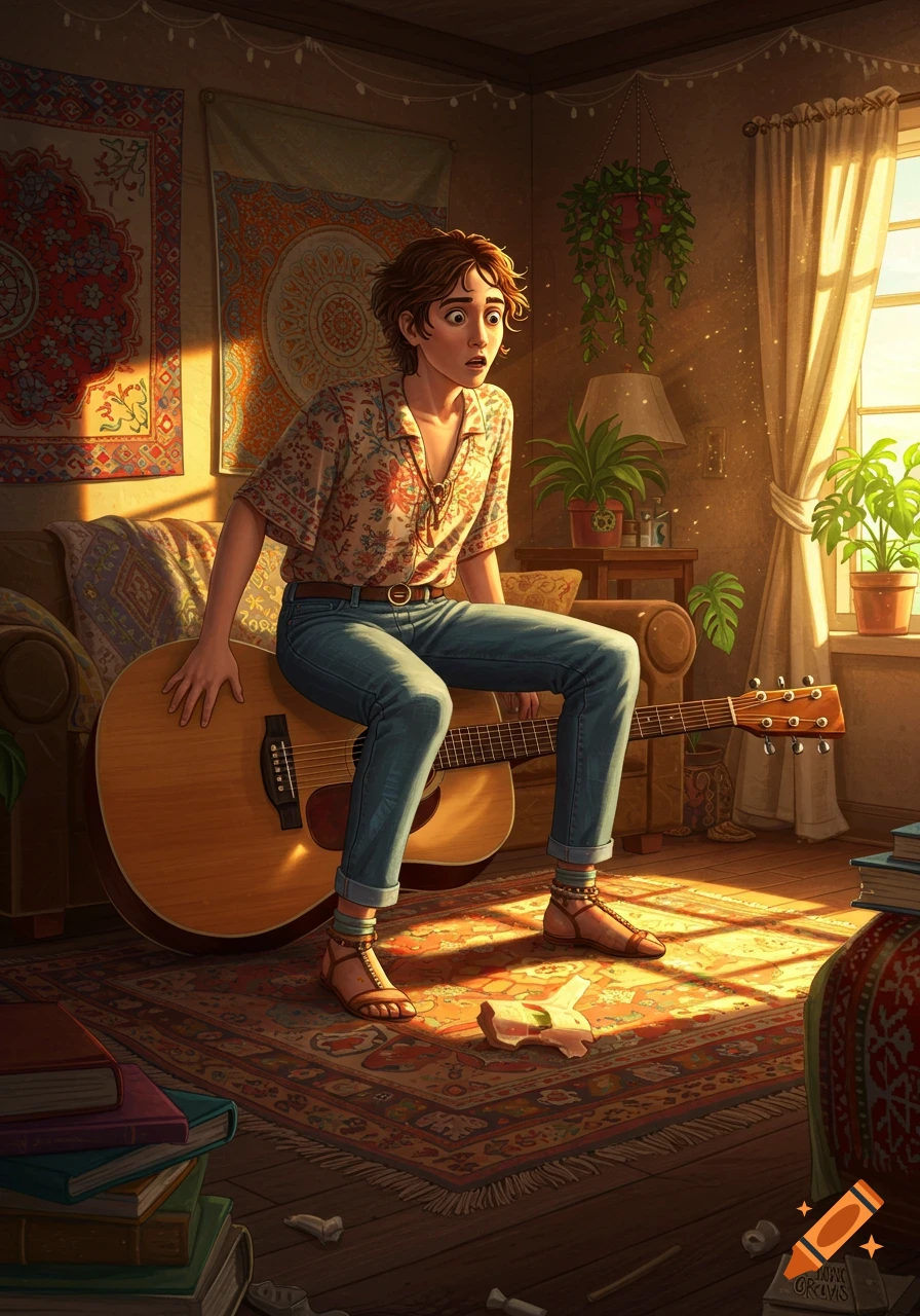 An illustration of a young person with short, curly hair sitting on an acoustic guitar in a sunlit, bohemian-style room, looking surprised.