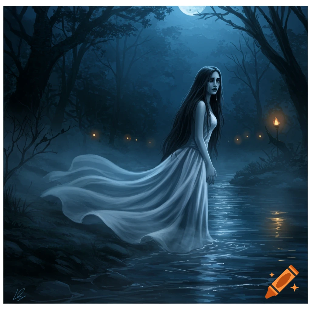 A long-haired woman in a flowing white dress stands in a moonlit river in a dark, misty forest.