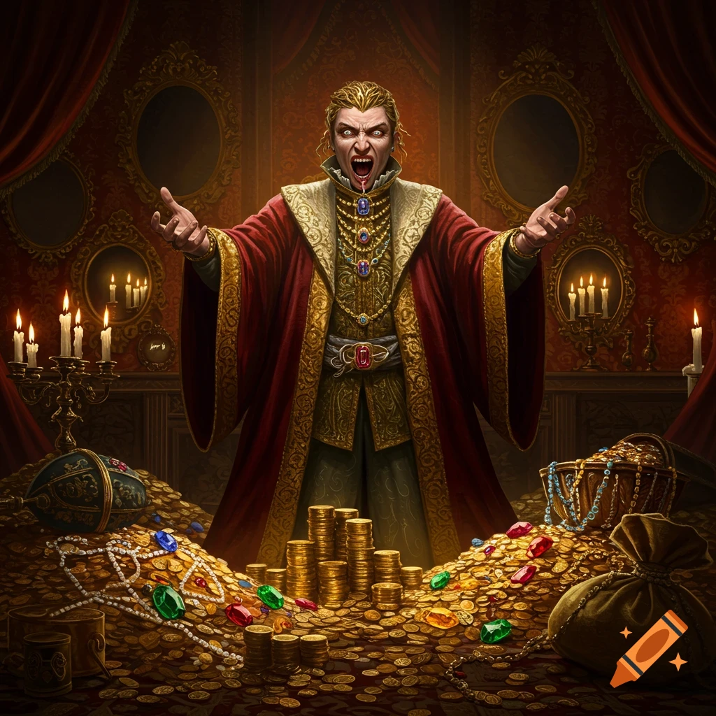 A man in red and gold robes with a crazed, greedy expression stands amidst a massive pile of gold coins and jewels in a richly decorated, candlelit room.