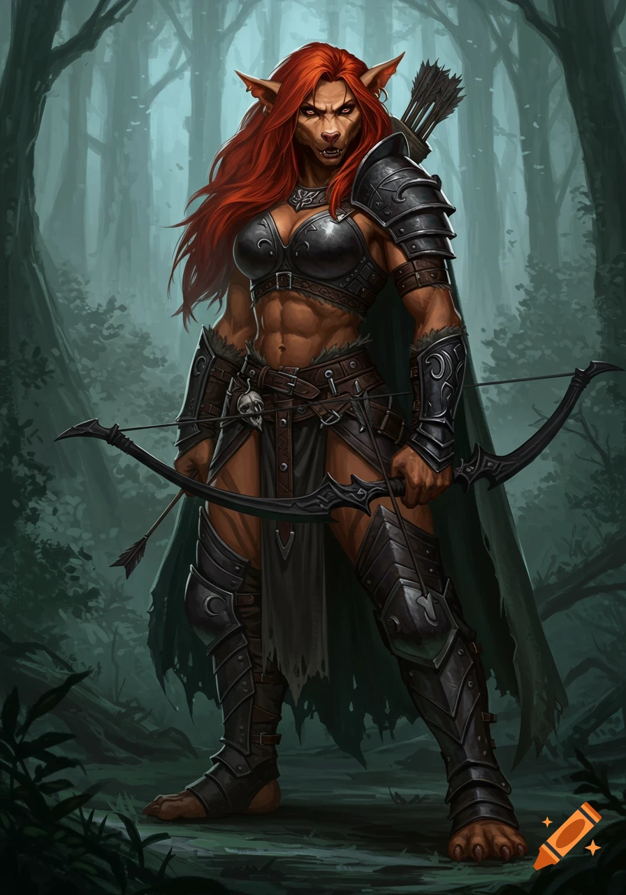 A female bugbear ranger with red hair and black leather armor holding a black longbow in a misty forest.