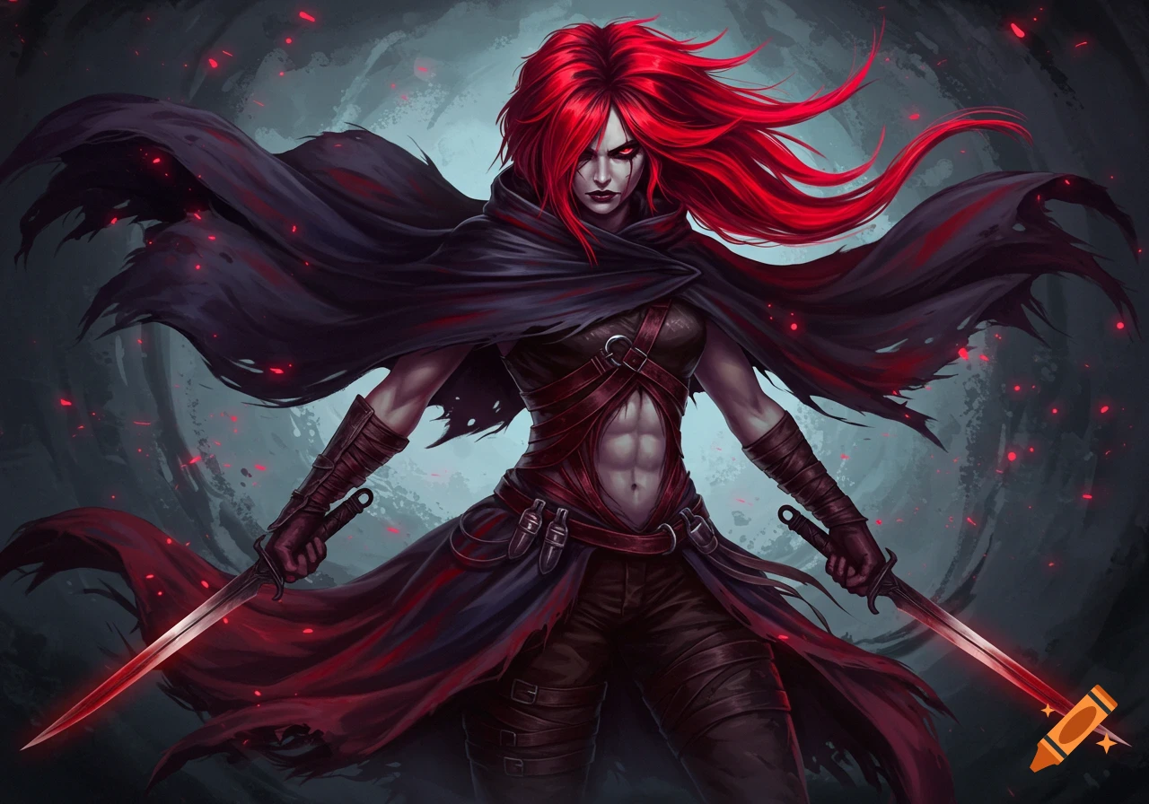 A fierce fantasy warrior with flowing red hair, a dark cloak, and two glowing red daggers, standing against a dark, stormy background.