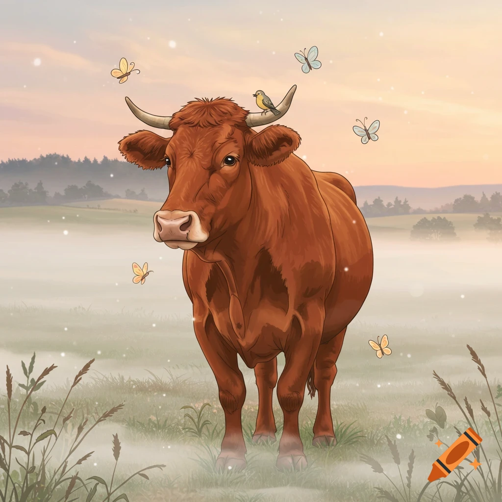 A brown cow with a small bird on its horn stands in a misty field at sunrise, with butterflies flying around.