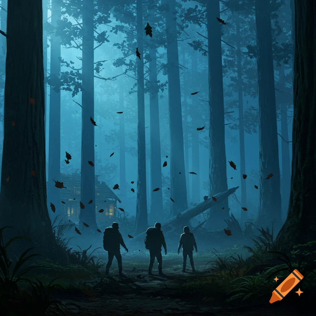 Three hikers stand in a dark, misty forest at night, illuminated by a pale light, with a small cabin and falling leaves. Stylized illustration.