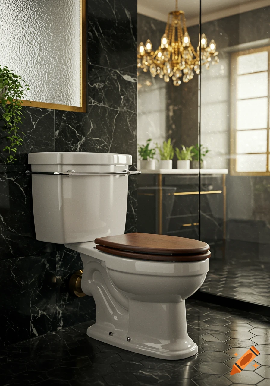 Photorealistic image of a white toilet with a wooden seat in a luxurious black marble bathroom with gold accents.