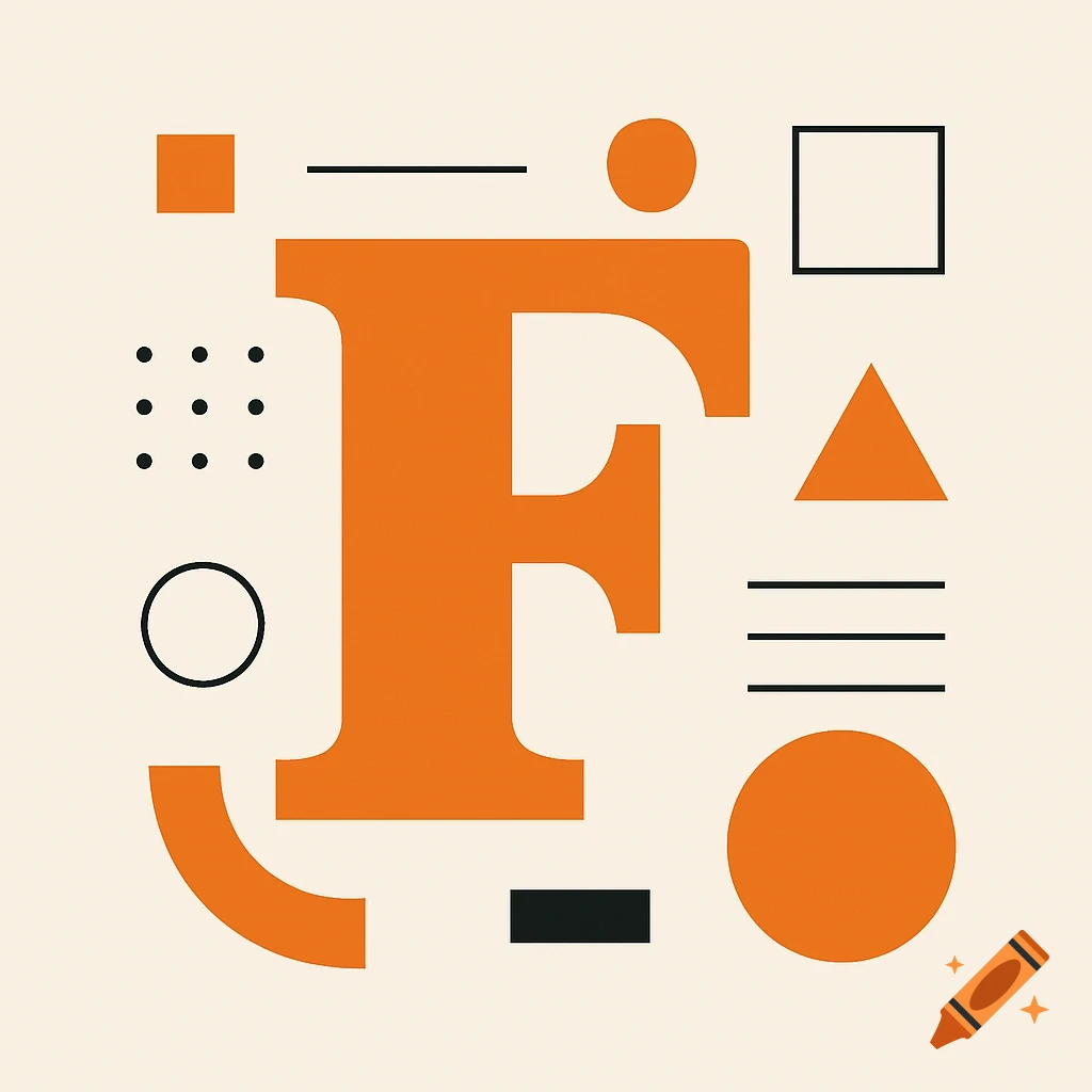 A large orange letter F surrounded by various black and orange geometric shapes on a white background, in a clean, abstract graphic design style.