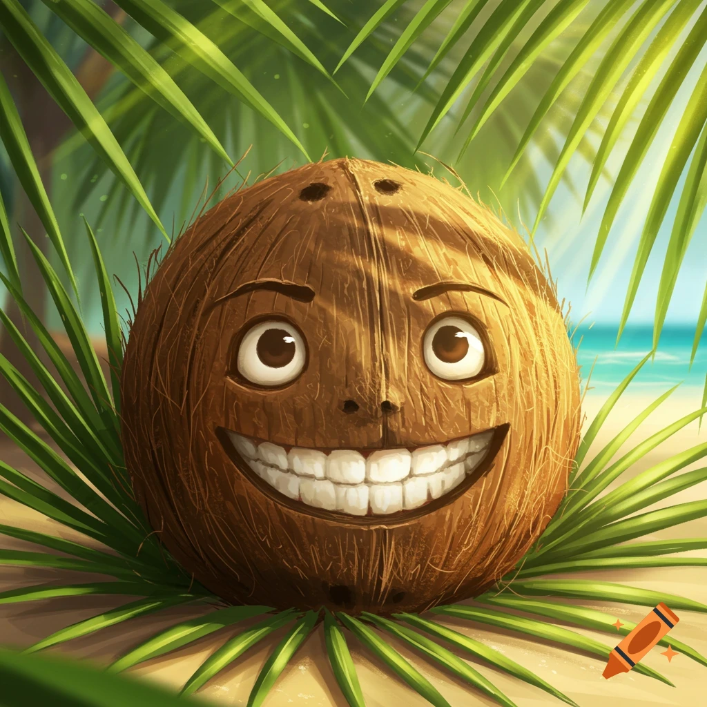 A cartoon coconut with a wide smile and big eyes, surrounded by green palm leaves on a sunny beach.