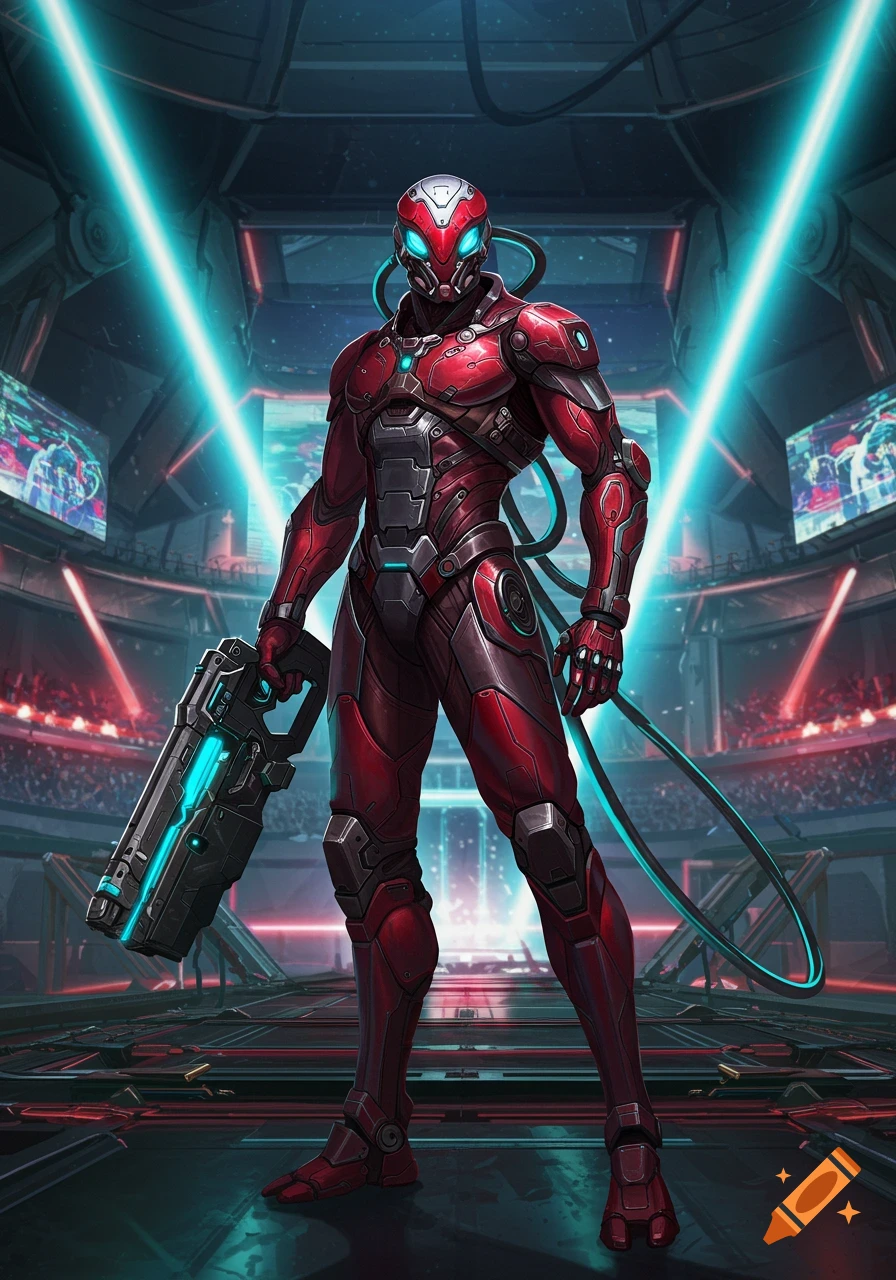 A red and silver futuristic cyborg with glowing blue eyes stands in an arena, holding a large sci-fi rifle.