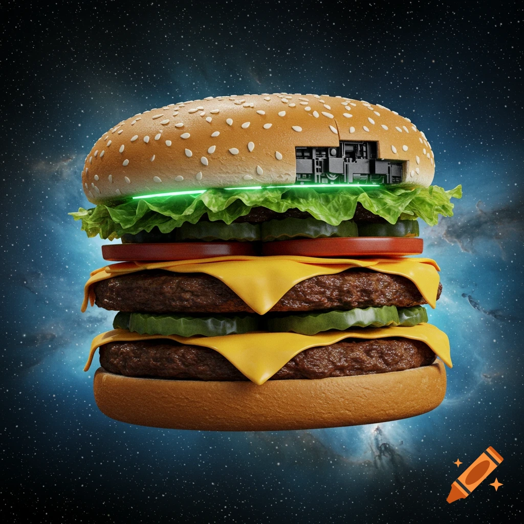 A futuristic hamburger with visible machinery in its top bun, floating in deep space with stars and nebulae.