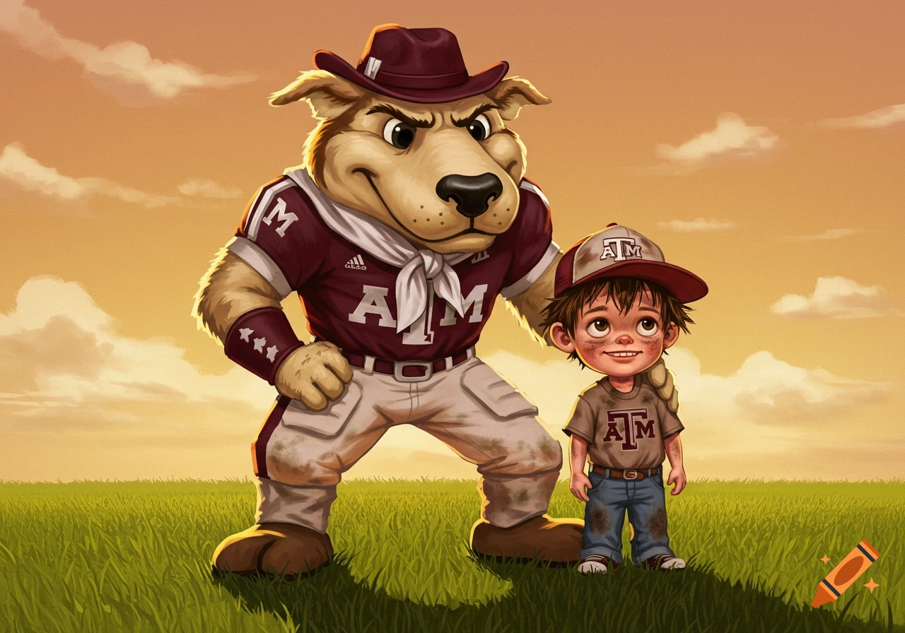 An illustration of a large dog mascot in a maroon uniform standing with a boy in an 'A&M' cap and shirt on a grassy field at sunset.