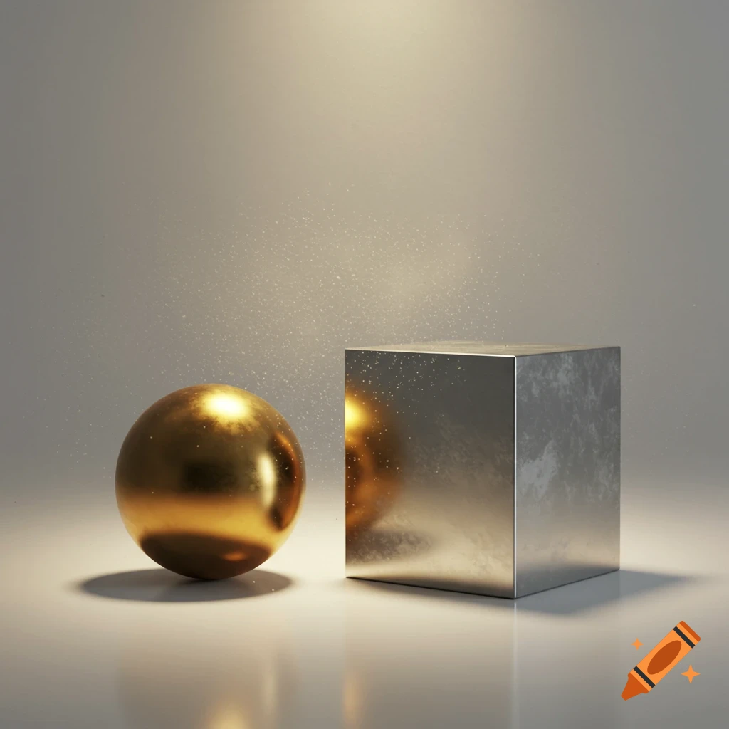 A shiny gold sphere and a metallic silver cube on a reflective surface under a warm spotlight.