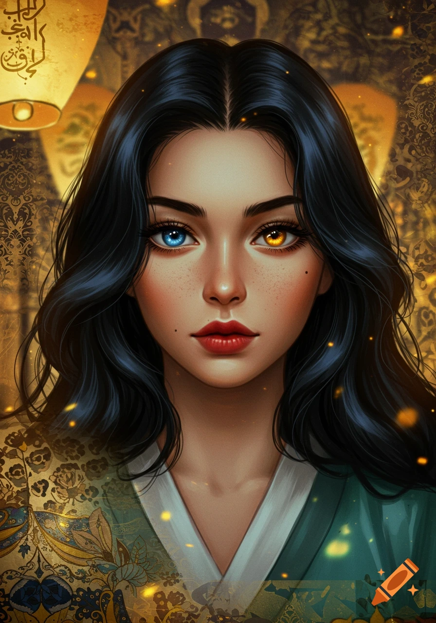 A close-up digital art portrait of a young woman with long dark hair, heterochromia (one blue eye, one gold), and freckles, wearing a patterned garment, against a golden ornate background with glowing lanterns.