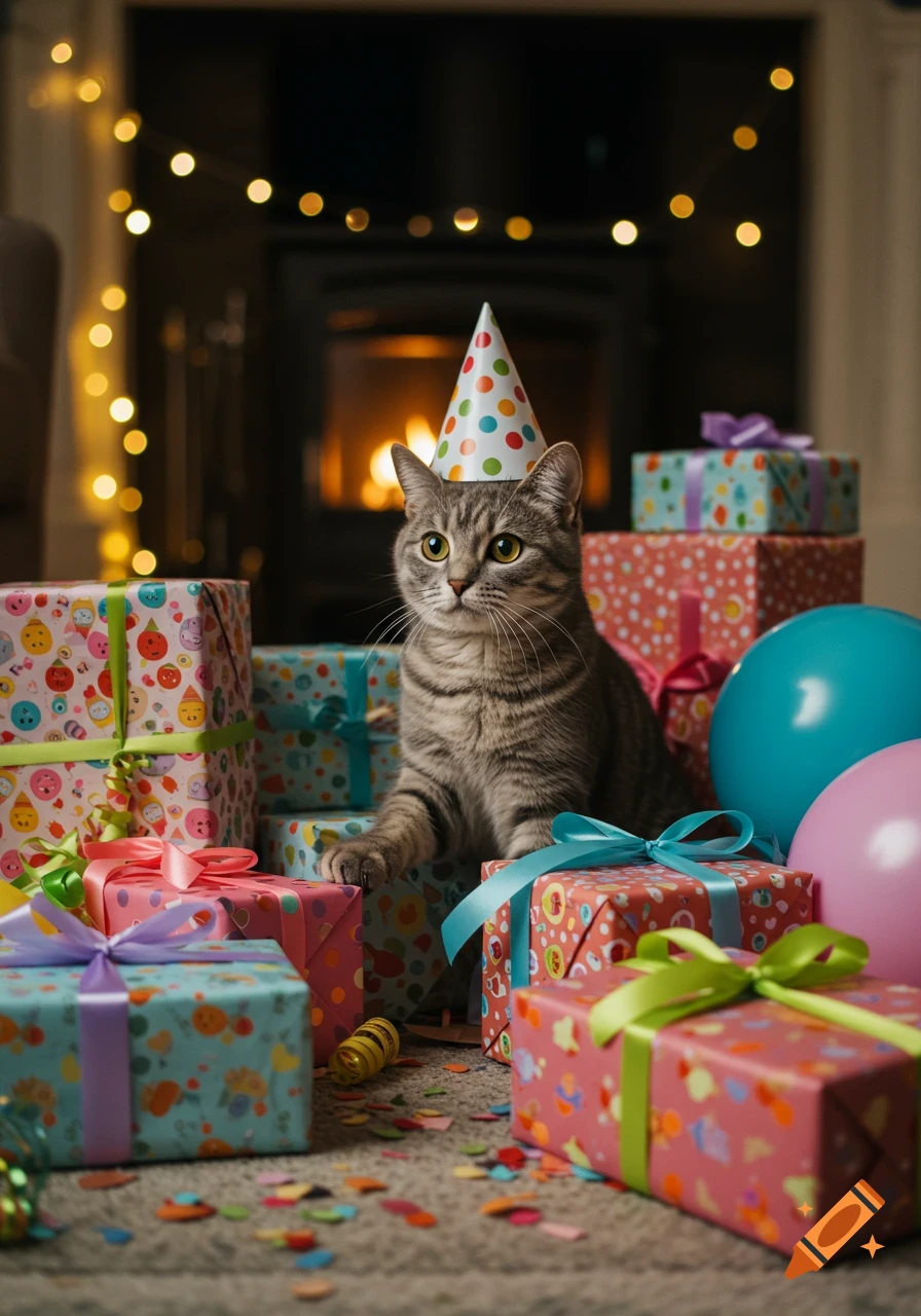 A gray tabby cat wearing a party hat sits among colorful birthday presents and confetti in a cozy room with fairy lights.