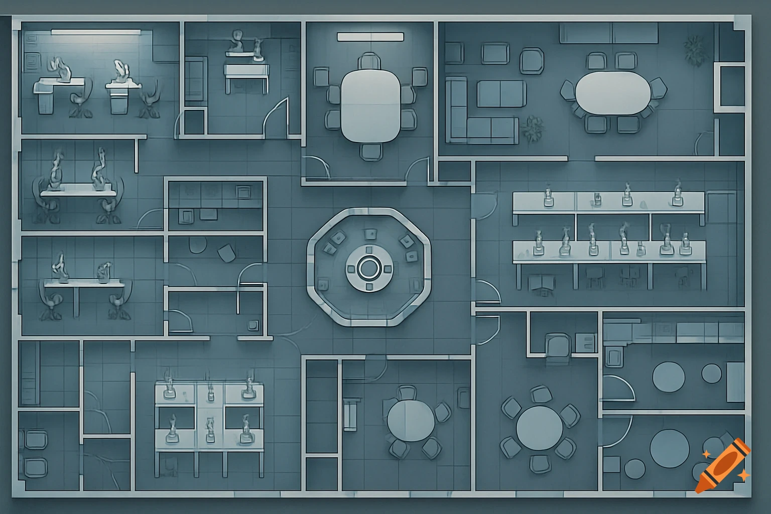 A top-down view of a stylized facility floor plan in cool grey and blue tones, showing multiple rooms with furniture.