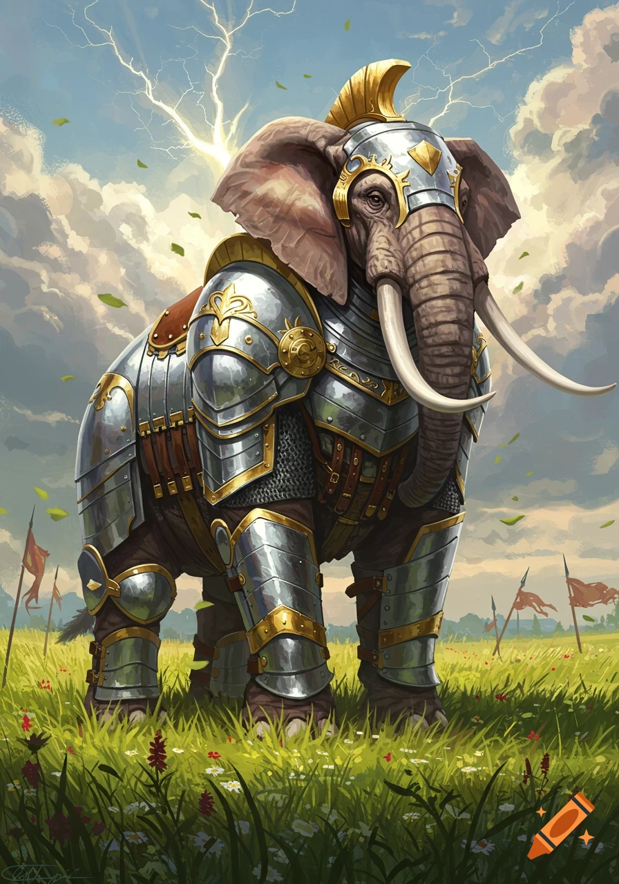 A majestic elephant in shining silver and gold plate armor stands in a vibrant green field under a sky with lightning.