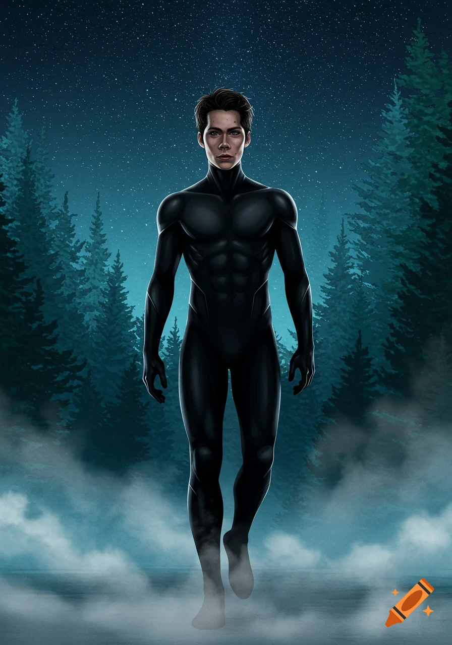 A male character in a black lycra suit walks through a misty forest at night under a starry sky, in a digital art style.