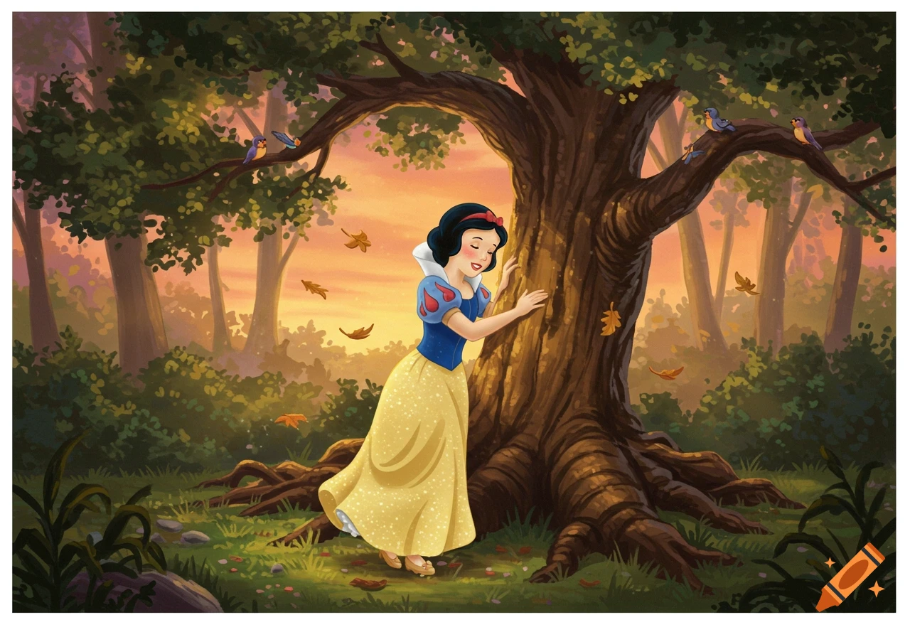 Snow White in a yellow and blue dress gently touches a large tree trunk in a vibrant, sunlit forest with falling autumn leaves, digital art.