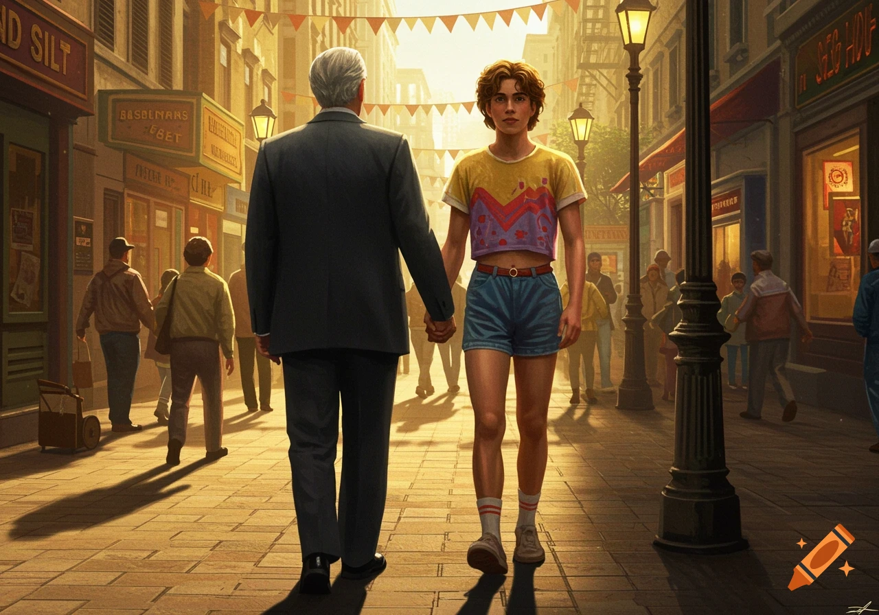An older man in a suit and a young man in shorts and a crop top walk hand-in-hand down a sunlit city street.