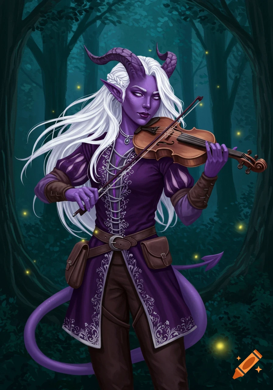 A purple-skinned tiefling with white hair and horns plays a violin in a dark forest with glowing fireflies.