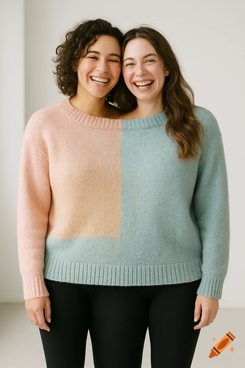 Two smiling women share a color-block sweater in a bright, clean portrait.