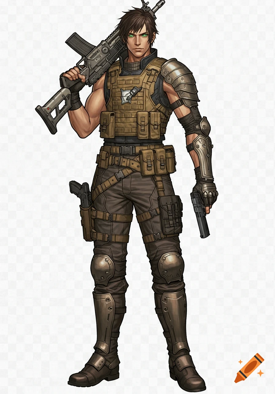 A full-body, Final Fantasy-style illustration of a male character in tactical armor with a futuristic rifle on his shoulder, a pistol on his hip, and glowing green eyes.
