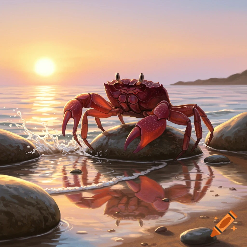 A vibrant red crab stands on rocks in shallow ocean water at sunset, with golden light reflecting on the waves.