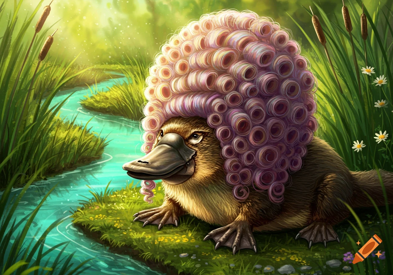 A whimsical platypus wearing a large, curly, purple-pink wig sits by a winding stream in a lush green, sunlit environment.