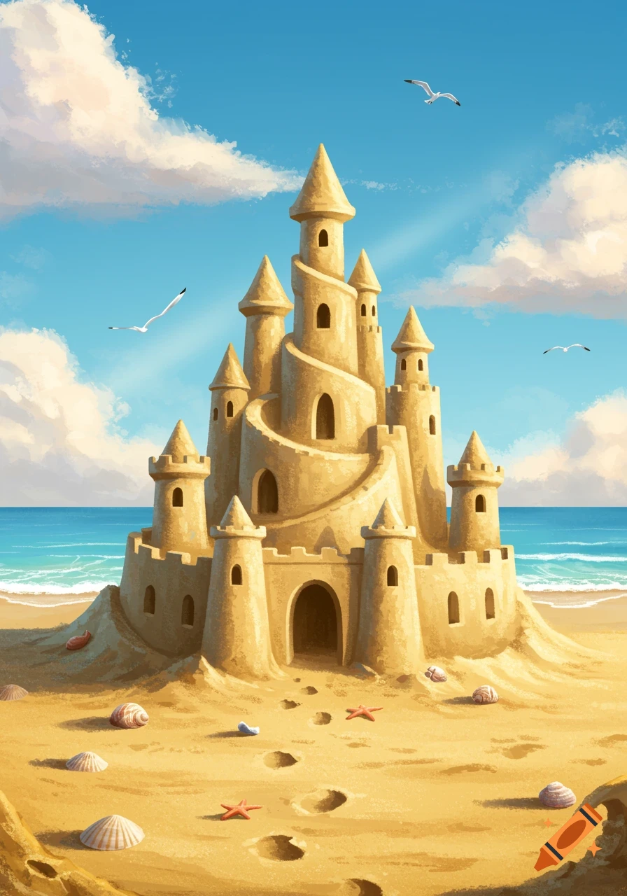 A detailed sandcastle with spirals and towers stands on a sunny beach with footprints, seashells, and seagulls flying in a blue sky.