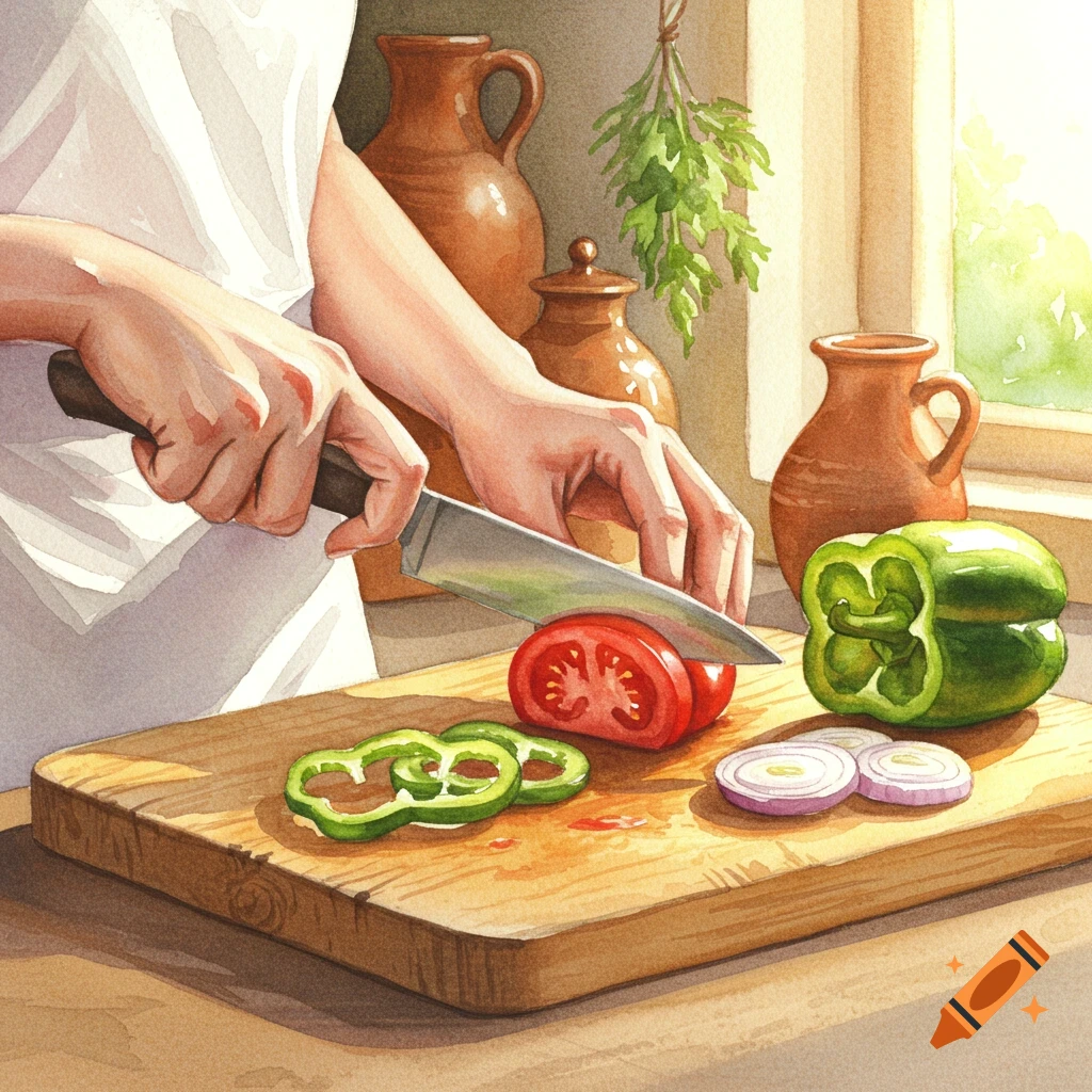 Watercolor of hands cutting tomatoes, bell peppers, and onions on a wooden board in a sunlit kitchen.