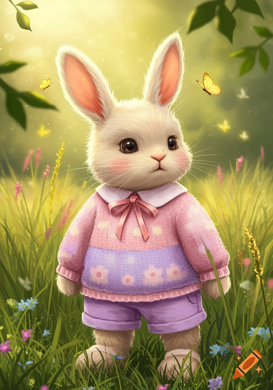A fluffy white rabbit wearing a pink and lilac knitted jumper stands in a vibrant green field with flowers and butterflies, in a cute illustration.