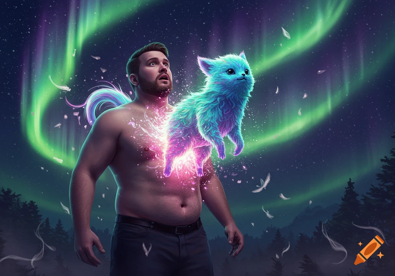 A shirtless man watches as a glowing, fluffy blue and purple creature emerges from his chest under a starry sky with aurora borealis.