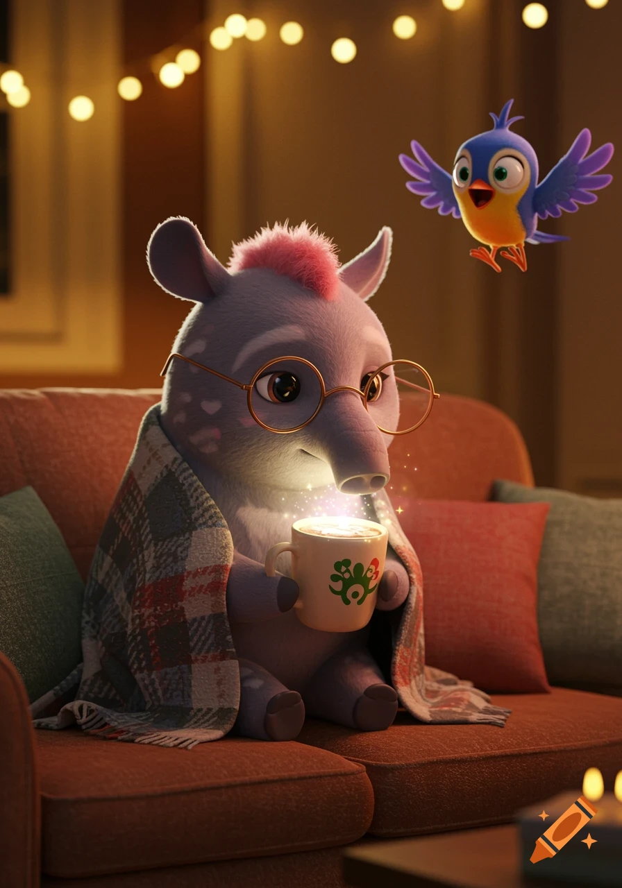 A cute, glasses-wearing cartoon tapir sits on a couch under a blanket, holding a glowing mug, while a small bird flies nearby in a cozy, fairy-lit room.