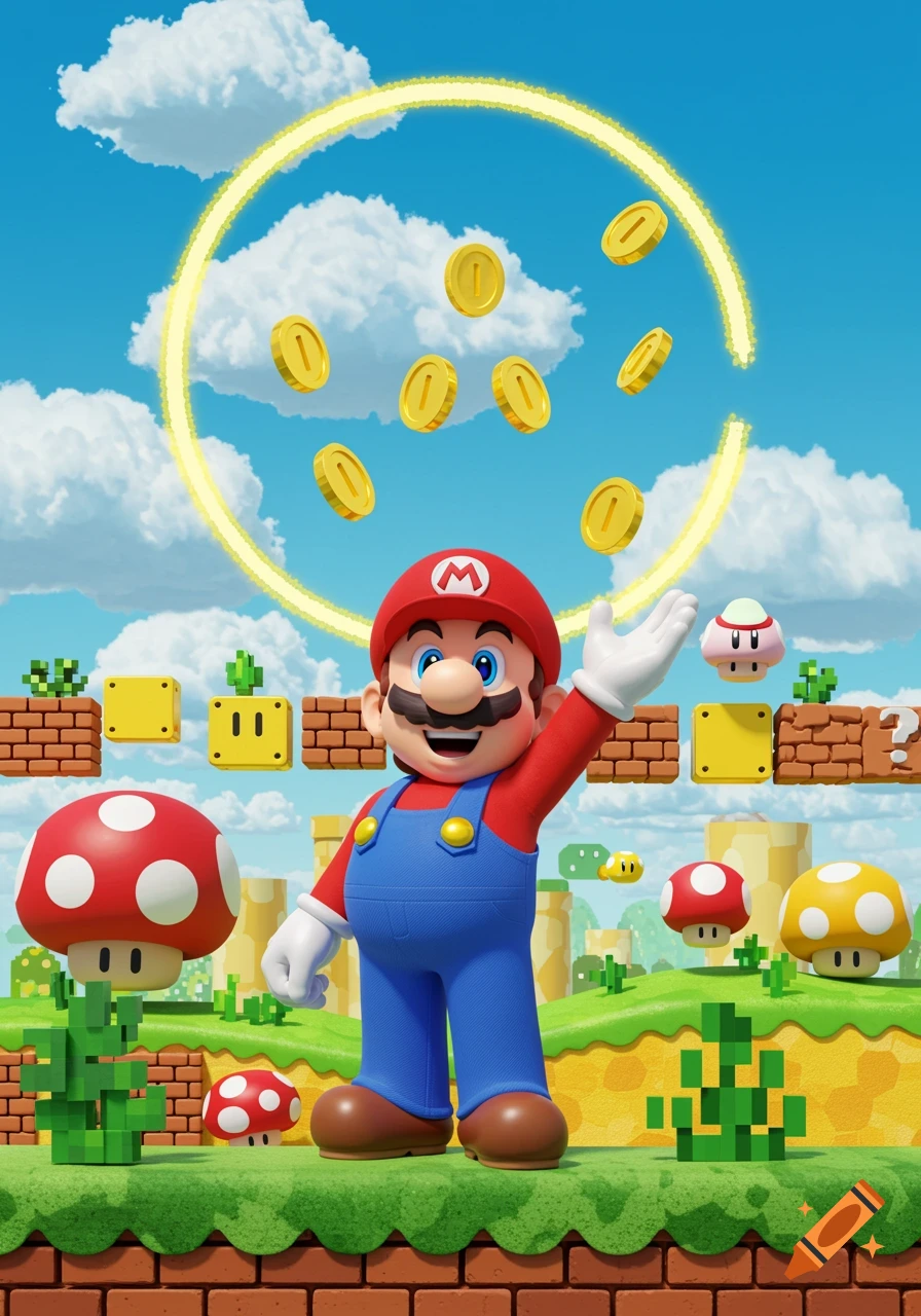 3D render of Mario in a vibrant Super Mario Bros. landscape, surrounded by floating coins and power-up mushrooms.