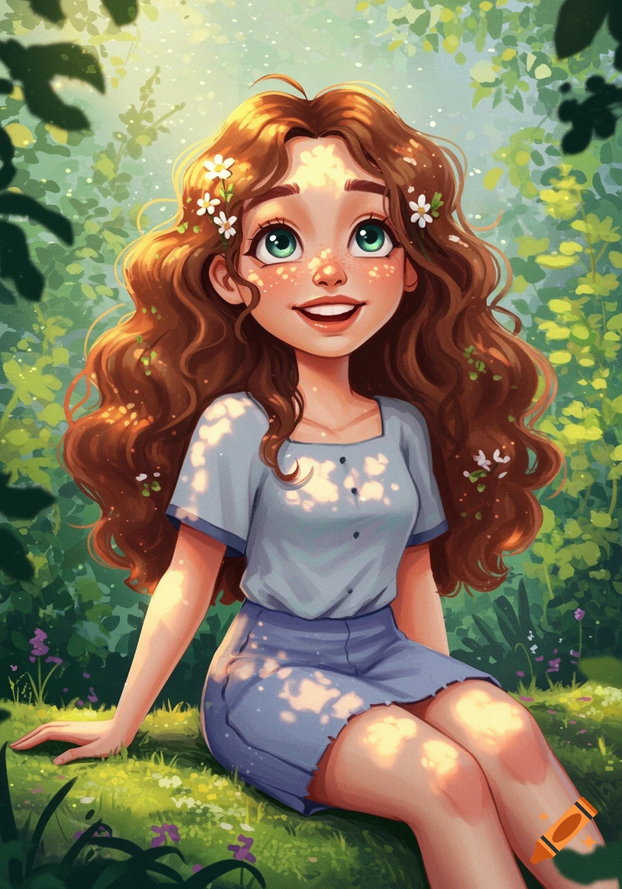 Cartoon illustration of a cheerful girl with long brown hair and green eyes, smiling and sitting in a sunny green forest.
