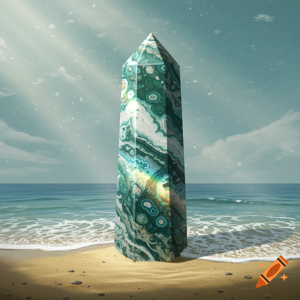 A tall, faceted ocean jasper crystal tower stands on a sandy beach with the ocean behind it under a cloudy sky.