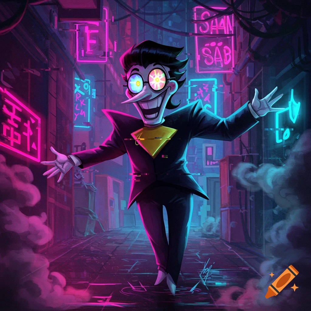 Vibrant digital art of Spamton from Deltarune posing in a dark, neon-lit cyberpunk alleyway.