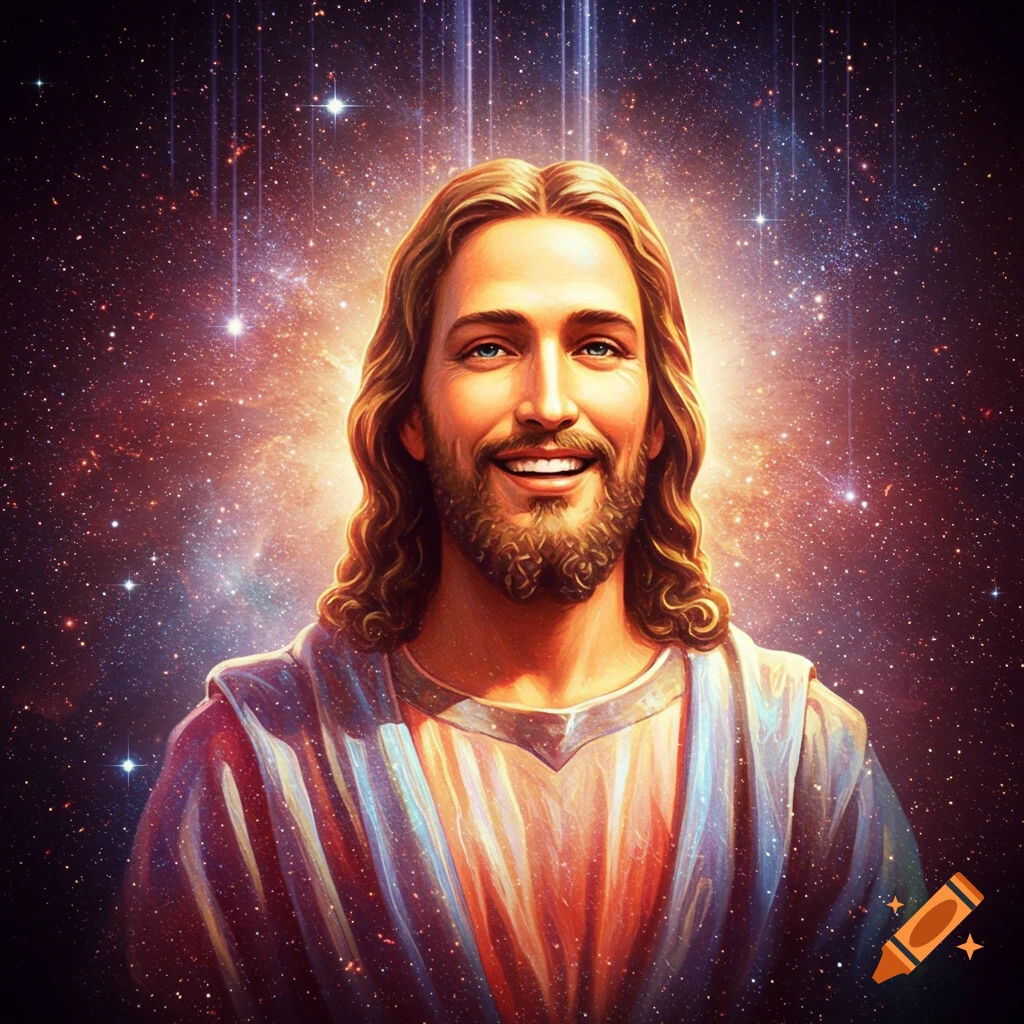 A joyful Jesus with long hair and a beard smiles, glowing against a vibrant cosmic galaxy background with stars and nebulas.