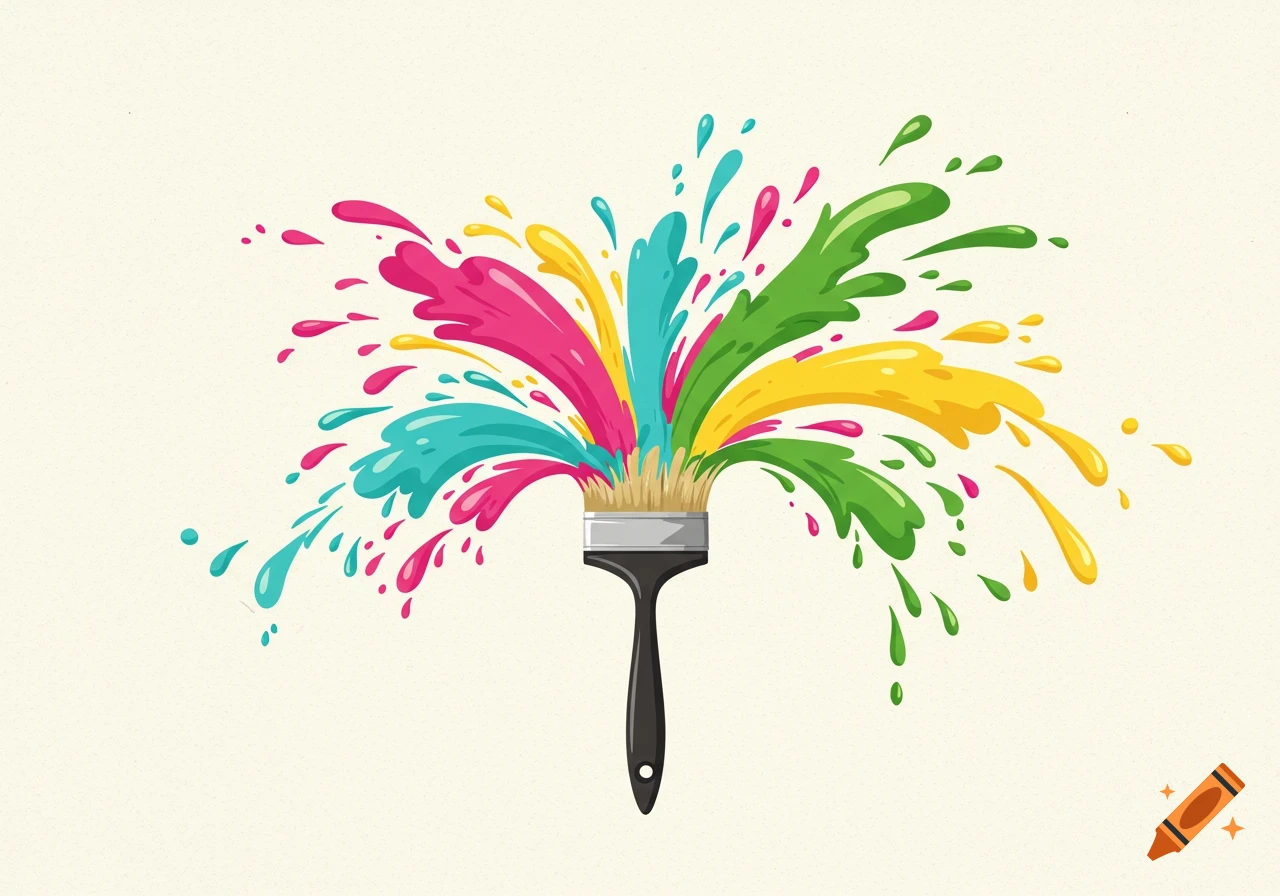 An illustration of a paintbrush with vibrant pink, blue, yellow, and green paint splattering outwards.