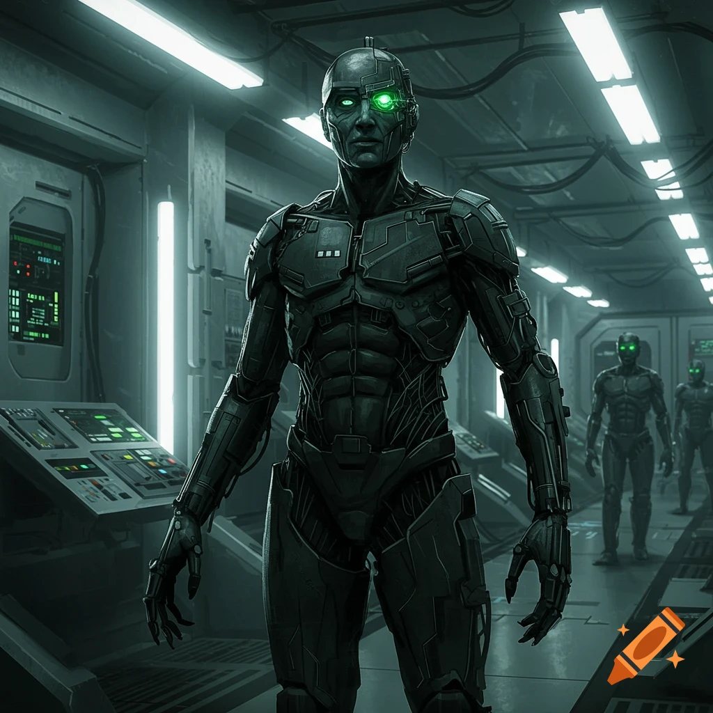 A photorealistic cyborg with glowing green eyes in a futuristic metallic corridor with other cyborgs.