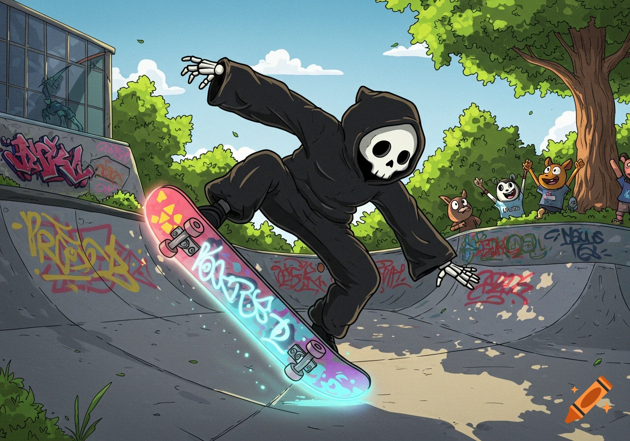 A cute cartoon grim reaper performs a kickflip on a glowing skateboard in a skate park, watched by cartoon animals.