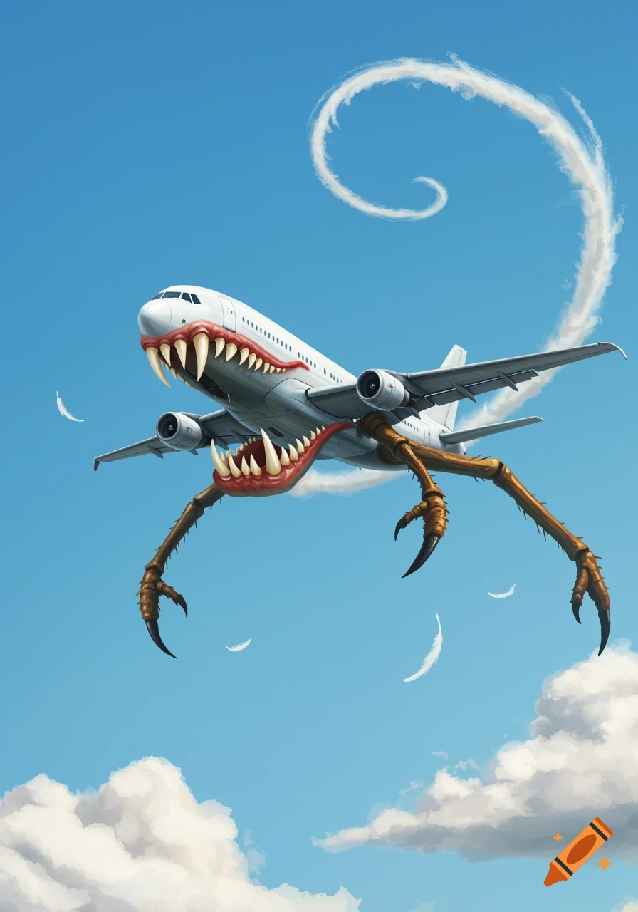 A surreal monster airplane with fangs and insect legs flies through a blue sky with white clouds and a spiral contrail.