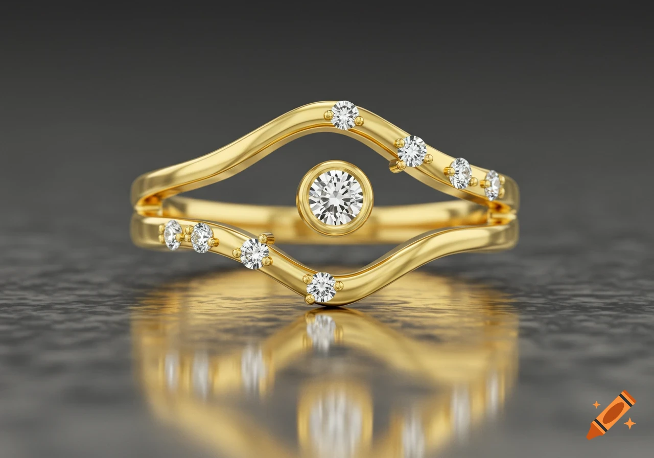 A close-up shot of a solid yellow gold ring with a wavy design, featuring a central bezel-set diamond and multiple scattered brilliant-cut diamonds.